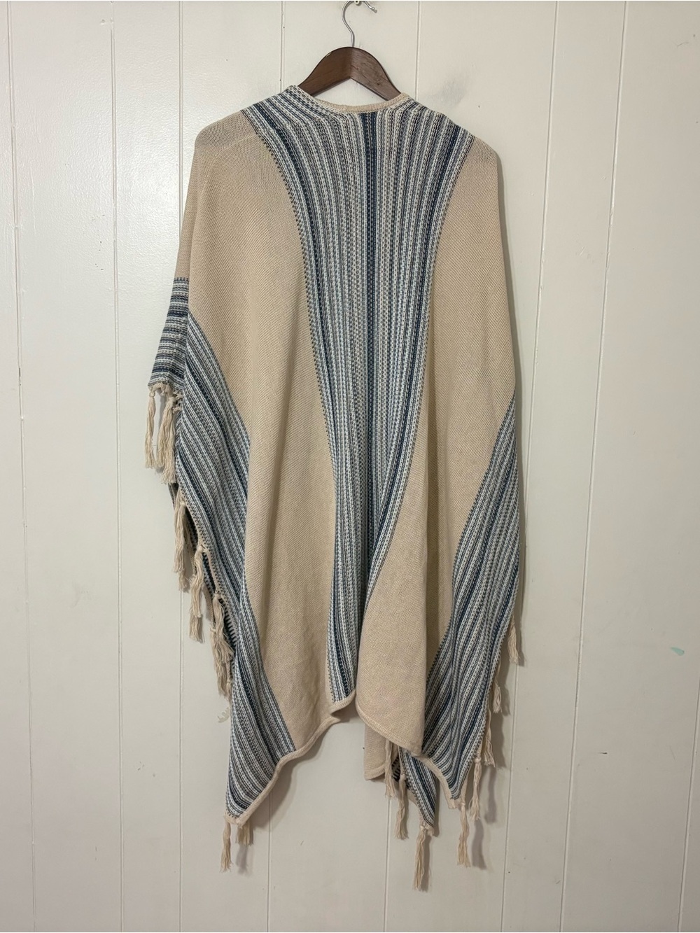 Lovestitch Striped Knit Kimono Poncho Cardigan Cream Blue One Size Boho - Picture 7 of 7